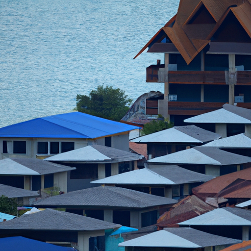 חדר מלון מפואר עם נוף מרהיב המשקיף לאוקיינוס ולכפר הדייגים.