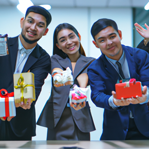 קבוצת עובדים מאושרים מחזיקה את המתנות הקטנות שלהם לאות הערכה מהמעסיק שלהם.